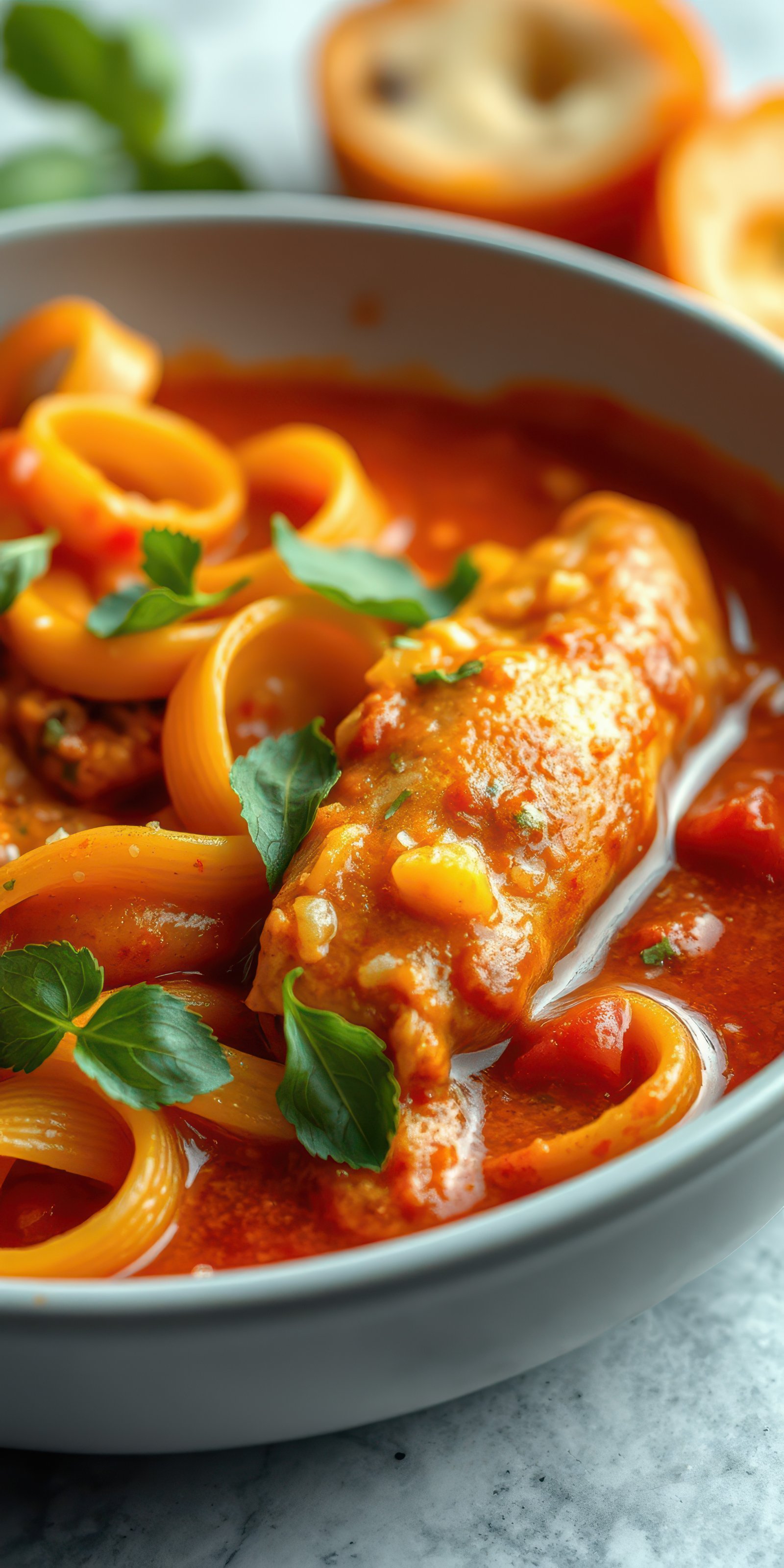 Delicious pasta dish with savory tomato sauce served with fresh herbs and rich flavors in a cozy setting
